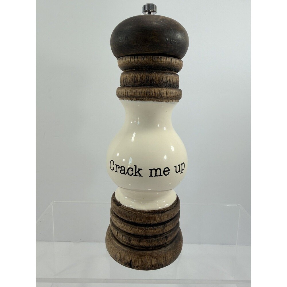 MUD PIE Pepper Mill 8” Mango Wood White Enamel ‘Crack Me Up’ Manual Grinder EUC